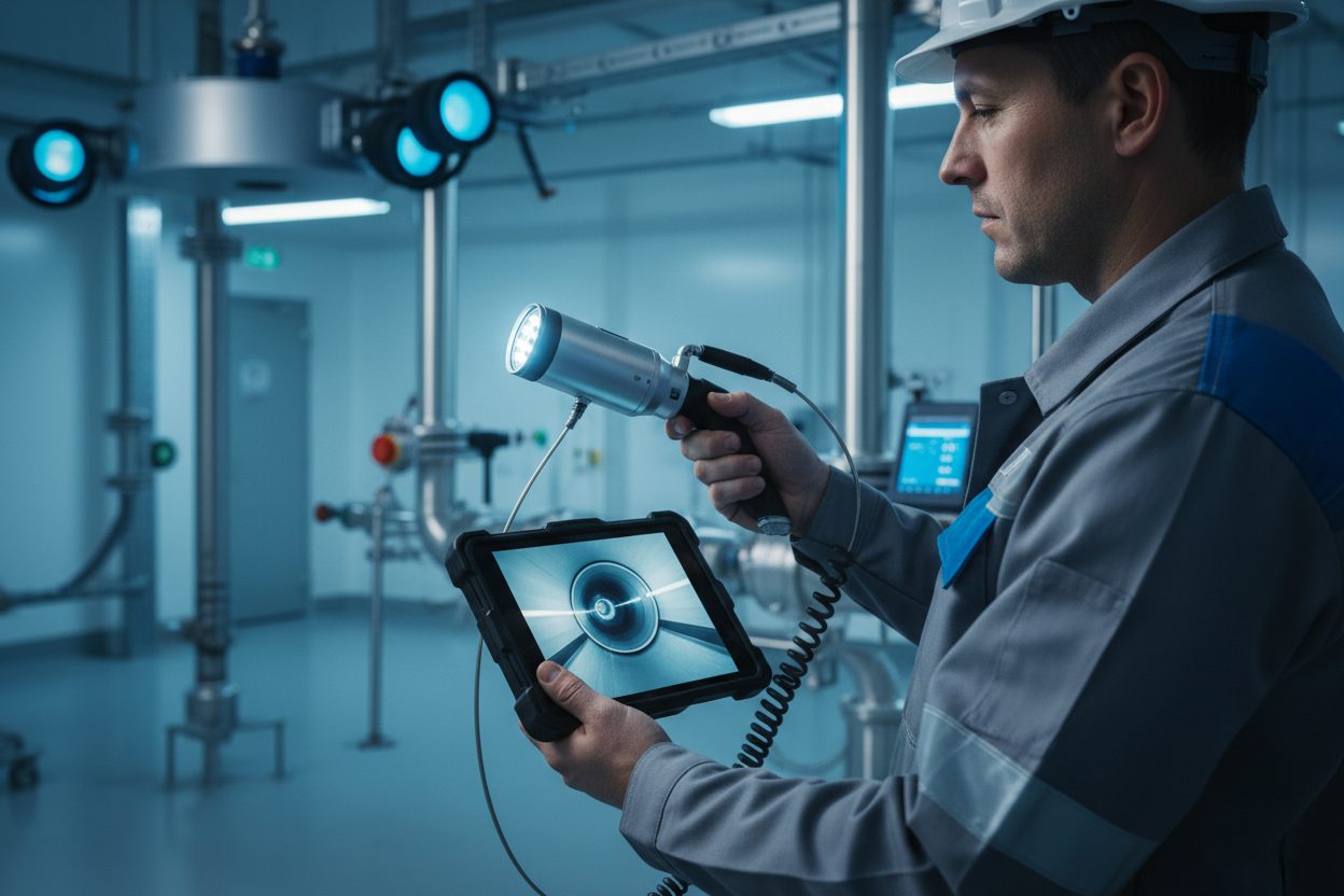 Technicien réalisant une inspection vidéo de canalisation par caméra