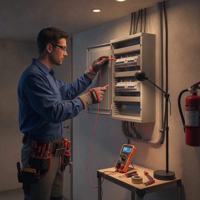 Électricien intervenant en sécurité sur un tableau électrique